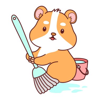 Aktiviteli şirin bir hamster çıkartması. Turuncu ve beyaz renkler. Hamster yerleri paspasla.