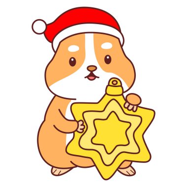 Üzerinde Noel aktivitesi olan şirin bir hamster çıkartması seti. Turuncu ve beyaz renkler. Hamster bir altın balık getir.