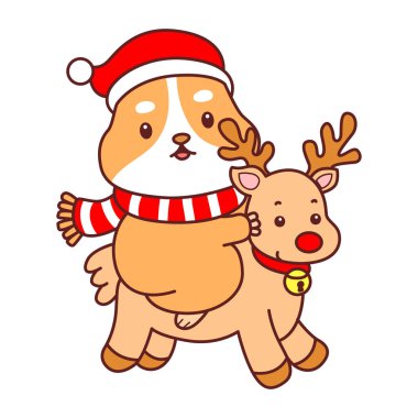 Üzerinde Noel aktivitesi olan şirin bir hamster çıkartması seti. Turuncu ve beyaz renkler. Ren geyiğiyle hamster