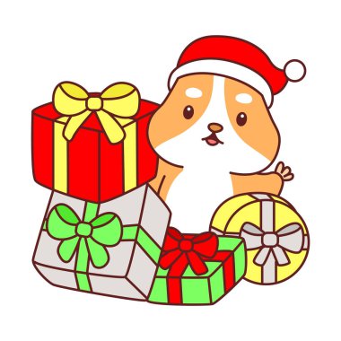 Üzerinde Noel aktivitesi olan şirin bir hamster çıkartması seti. Turuncu ve beyaz renkler. Bir sürü hediye kutusu olan hamster.