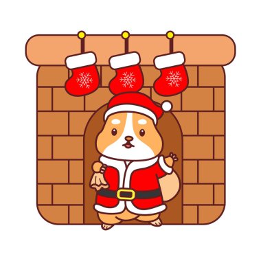 Üzerinde Noel aktivitesi olan şirin bir hamster çıkartması seti. Turuncu ve beyaz renkler. Hamster şöminede.