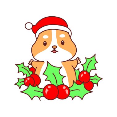 Üzerinde Noel aktivitesi olan şirin bir hamster çıkartması seti. Turuncu ve beyaz renkler. Kiraz bitkilerinin ortasında hamster