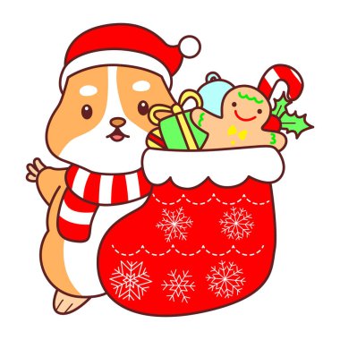 Üzerinde Noel aktivitesi olan şirin bir hamster çıkartması seti. Turuncu ve beyaz renkler. Hamster kırmızı çorap getir.