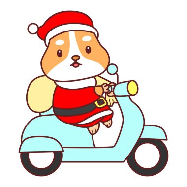 Üzerinde Noel aktivitesi olan şirin bir hamster çıkartması seti. Turuncu ve beyaz renkler. Mobilete binen hamster.