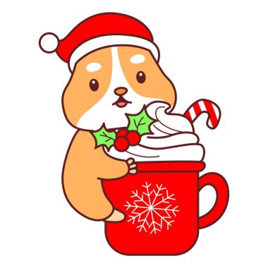 Üzerinde Noel aktivitesi olan şirin bir hamster çıkartması seti. Turuncu ve beyaz renkler. Hamster sıcak çikolata getir.