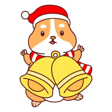 Üzerinde Noel aktivitesi olan şirin bir hamster çıkartması seti. Turuncu ve beyaz renkler. Hamster altın bir çan getir