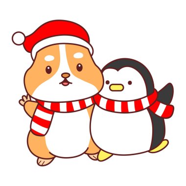 Üzerinde Noel aktivitesi olan şirin bir hamster çıkartması seti. Turuncu ve beyaz renkler. Penguenli hamster