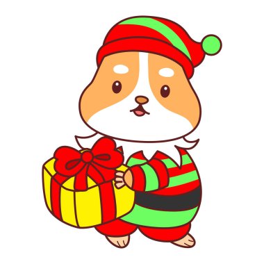 Üzerinde Noel aktivitesi olan şirin bir hamster çıkartması seti. Turuncu ve beyaz renkler. Cüce kostümü giyen bir hamster ve bir hediye kutusu getir.