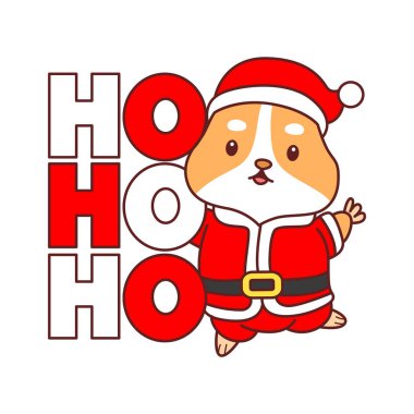 Üzerinde Noel aktivitesi olan şirin bir hamster çıkartması seti. Turuncu ve beyaz renkler. Ho ho yazılı hamster.