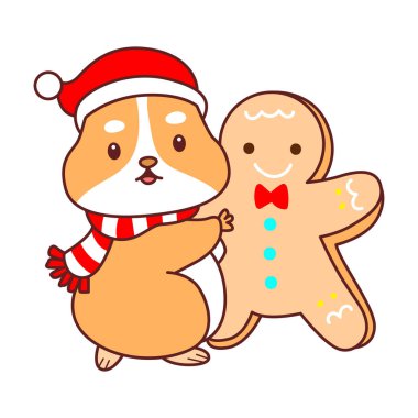 Üzerinde Noel aktivitesi olan şirin bir hamster çıkartması seti. Turuncu ve beyaz renkler. Hamster zencefilli ekmek getir.