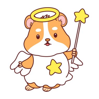 Üzerinde Noel aktivitesi olan şirin bir hamster çıkartması seti. Turuncu ve beyaz renkler. Melek kostümü giyen bir hamster.