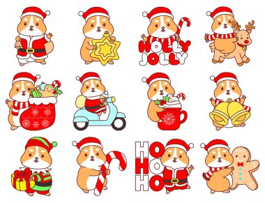 Üzerinde Noel aktivitesi olan şirin bir hamster çıkartması seti. Turuncu ve beyaz renkler. Mutlu noelin varyasyonunda hamster