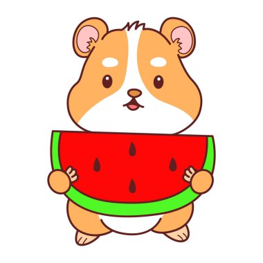 Aktiviteli şirin bir hamster çıkartması. Turuncu ve beyaz renkler. Hamster bir karpuz getir.
