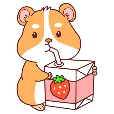 Aktiviteli şirin bir hamster çıkartması. Turuncu ve beyaz renkler. Hamster çilekli süt içiyor.