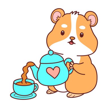 Aktiviteli şirin bir hamster çıkartması. Turuncu ve beyaz renkler. Hamster çaydanlıktan çay dolduruyor.