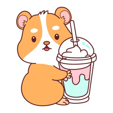 Aktiviteli şirin bir hamster çıkartması. Turuncu ve beyaz renkler. Hamster milkshake getir.