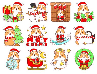 Üzerinde Noel aktivitesi olan şirin bir hamster çıkartması seti. Turuncu ve beyaz renkler. Hamster 'ın yeni yıl süslemesi.