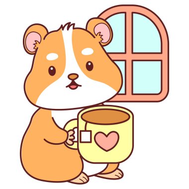 Aktiviteli şirin bir hamster çıkartması. Turuncu ve beyaz renkler. Hamster çayın tadını çıkar.