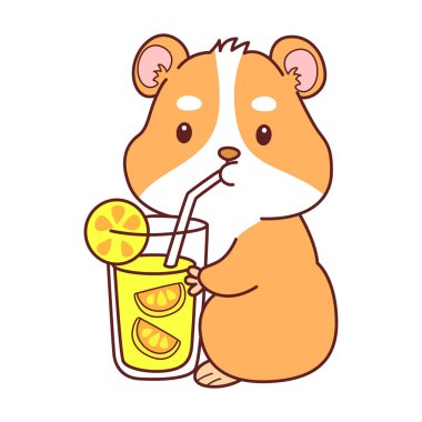 Aktiviteli şirin bir hamster çıkartması. Turuncu ve beyaz renkler. Hamster portakal suyu içiyor. 