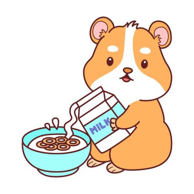 Aktiviteli şirin bir hamster çıkartması. Turuncu ve beyaz renkler. Hamster mısır gevreği kasesine süt dolduruyor.