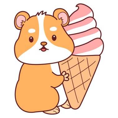 Aktiviteli şirin bir hamster çıkartması. Turuncu ve beyaz renkler. Hamster çilekli dondurma getir.