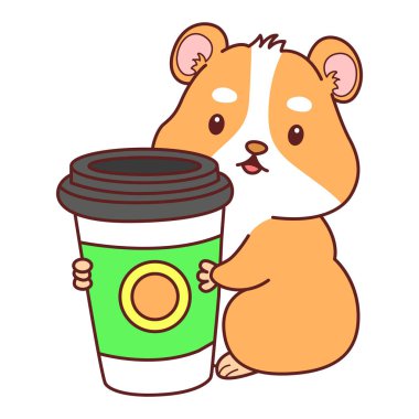 Aktiviteli şirin bir hamster çıkartması. Turuncu ve beyaz renkler. Hamster bir fincan kahve getir.