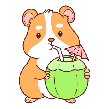 Aktiviteli şirin bir hamster çıkartması. Turuncu ve beyaz renkler. Hindistan cevizi içen hamster.