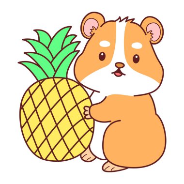 Aktiviteli şirin bir hamster çıkartması. Turuncu ve beyaz renkler. Hamster bir ananas getir.