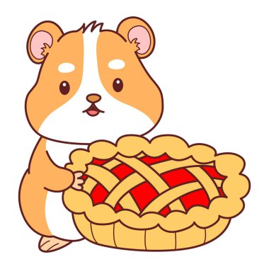 Aktiviteli şirin bir hamster çıkartması. Turuncu ve beyaz renkler. Hamster kirazlı turta getir.