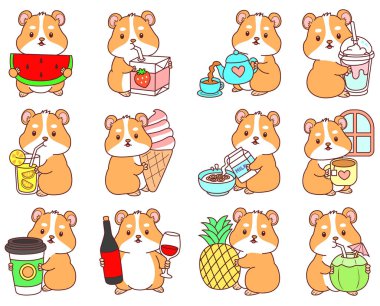 Aktiviteli şirin bir hamster çıkartması. Turuncu ve beyaz renkler. Hamster 'ın içki ve içecek çeşitleri.