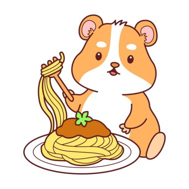 Aktiviteli şirin bir hamster çıkartması. Turuncu ve beyaz renkler. Hamster spagetti yemek istiyor.