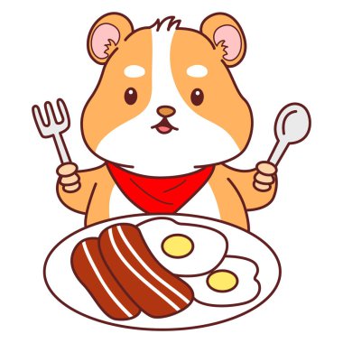 Aktiviteli şirin bir hamster çıkartması. Turuncu ve beyaz renkler. Hamster pastırma ve yumurta yemek istiyor.