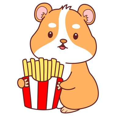 Aktiviteli şirin bir hamster çıkartması. Turuncu ve beyaz renkler. Hamster patates kızartması getir.