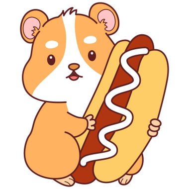 Aktiviteli şirin bir hamster çıkartması. Turuncu ve beyaz renkler. Hamster sosisli getir.