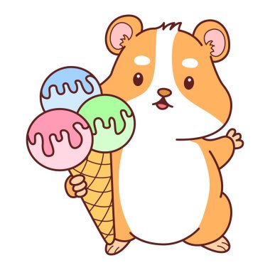 Aktiviteli şirin bir hamster çıkartması. Turuncu ve beyaz renkler. Hamster üç top dondurma getir.