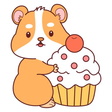 Aktiviteli şirin bir hamster çıkartması. Turuncu ve beyaz renkler. Hamster kremalı kek getir.