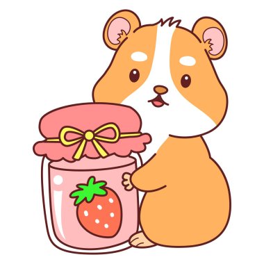 Aktiviteli şirin bir hamster çıkartması. Turuncu ve beyaz renkler. Hamster çilek reçeli getir.