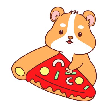 Aktiviteli şirin bir hamster çıkartması. Turuncu ve beyaz renkler. Hamster pizza getir.