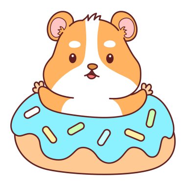 Aktiviteli şirin bir hamster çıkartması. Turuncu ve beyaz renkler. Hamster çöreğe sıkıştı.