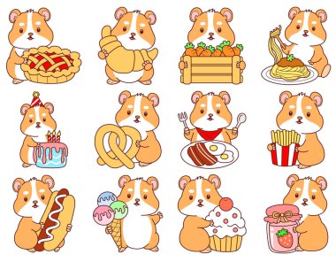 Aktiviteli şirin bir hamster çıkartması. Turuncu ve beyaz renkler. Hamster 'ın abur cubur ve abur cubur zamanı çeşitleri