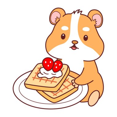 Aktiviteli şirin bir hamster çıkartması. Turuncu ve beyaz renkler. Hamster çilekli ekmek getir.