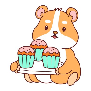 Aktiviteli şirin bir hamster çıkartması. Turuncu ve beyaz renkler. Hamster üç top kek getir.