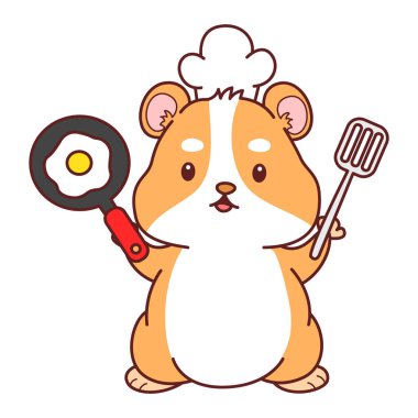 Aktiviteli şirin bir hamster çıkartması. Turuncu ve beyaz renkler. Hamster yumurta pişiriyor.