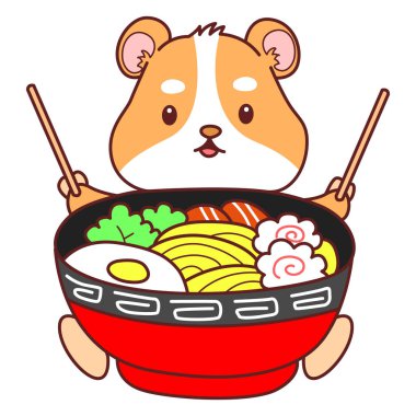 Aktiviteli şirin bir hamster çıkartması. Turuncu ve beyaz renkler. Hamster ramen yemek istiyor.