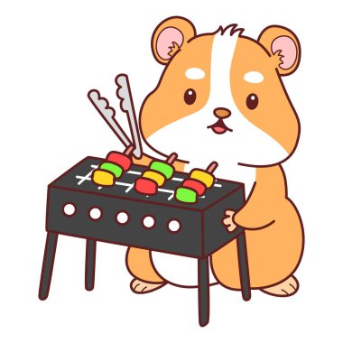 Aktiviteli şirin bir hamster çıkartması. Turuncu ve beyaz renkler. Hamster barbeküyü kızarttı.