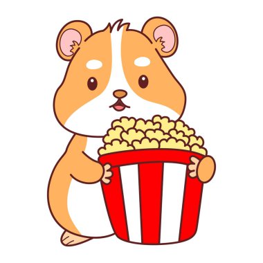 Aktiviteli şirin bir hamster çıkartması. Turuncu ve beyaz renkler. Hamster patlamış mısır getir.