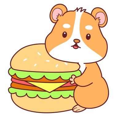 Aktiviteli şirin bir hamster çıkartması. Turuncu ve beyaz renkler. Hamster hamburger getir.