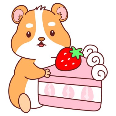 Aktiviteli şirin bir hamster çıkartması. Turuncu ve beyaz renkler. Hamster çilekli kek getir.