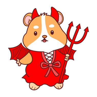 Cadılar Bayramı aktiviteli şirin bir hamster çıkartması seti. Turuncu ve beyaz renkler. Kırmızı şeytan kostümü giyen bir hamster.