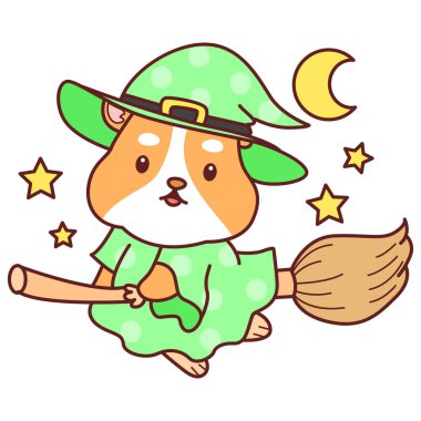 Cadılar Bayramı aktiviteli şirin bir hamster çıkartması seti. Turuncu ve beyaz renkler. Cadı kostümü giyen ve süpürge sopasıyla uçan hamster. 